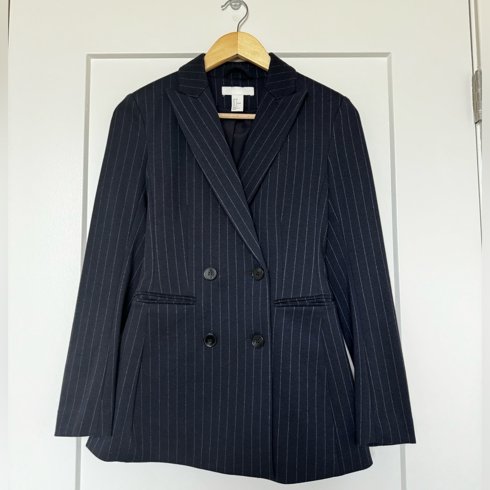 NWOT H&M Navy Pinstripe Double Breasted Blazer Size 0